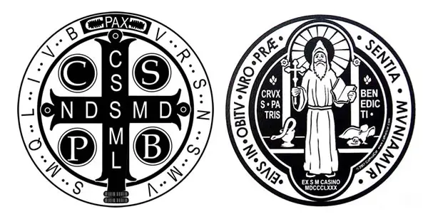 Latin and English exorcism prayer on St. Benedict's Medal. I wear