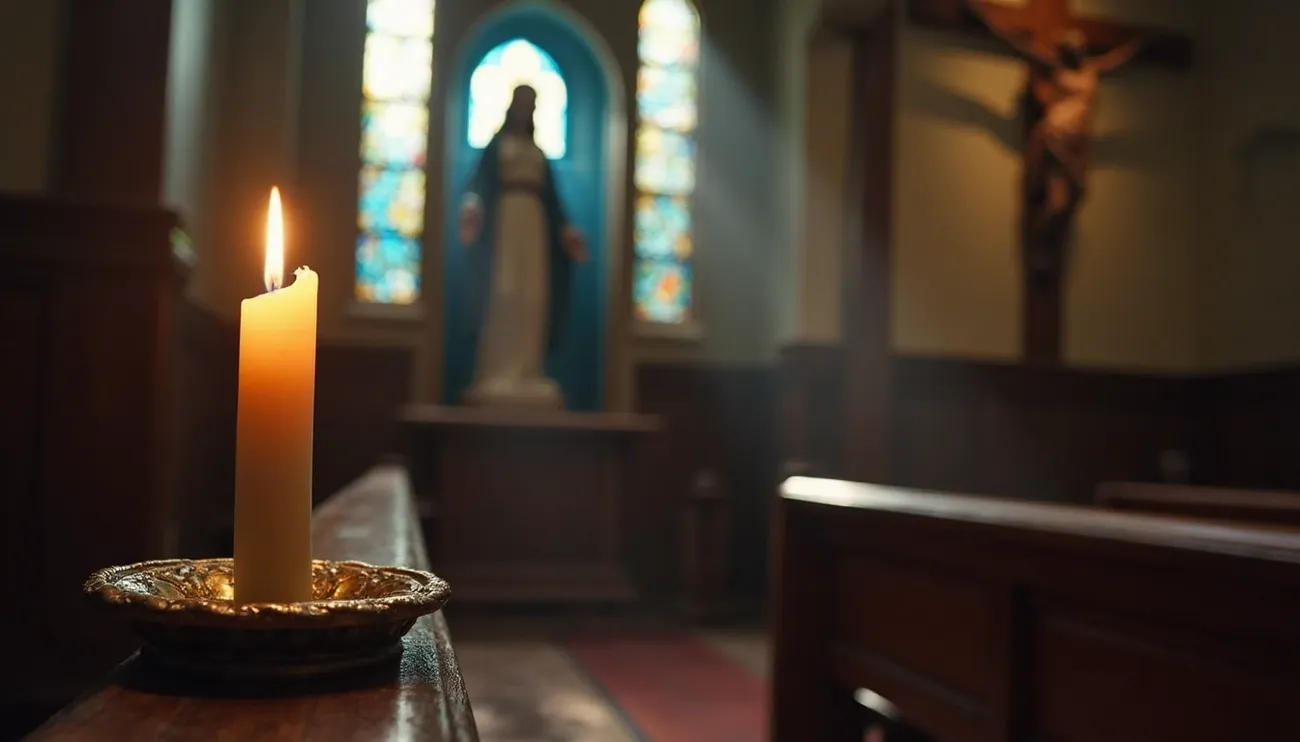 Lit candle on a pew in a Catholic church with a blurred statue and crucifix in the background