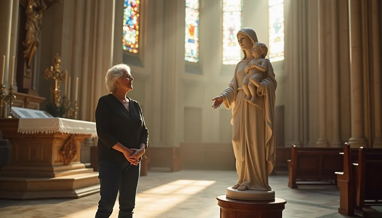 Woman standing reverently near a statue of the Virgin Mary holding baby Jesus inside a sunlit Catholic church.