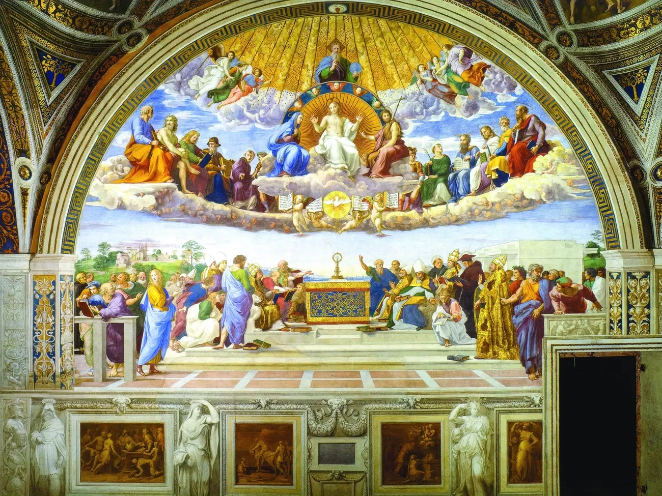 A vibrant Renaissance fresco depicting saints and biblical figures gathered in heaven and on earth around a central altar beneath a golden arch.