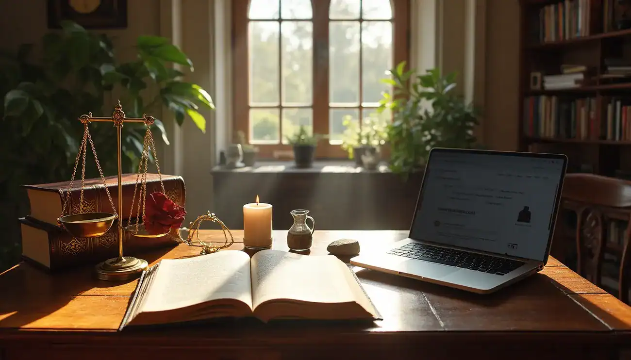 A sunlit study desk with an open book, scales of justice, candle, and laptop by a window with plants.