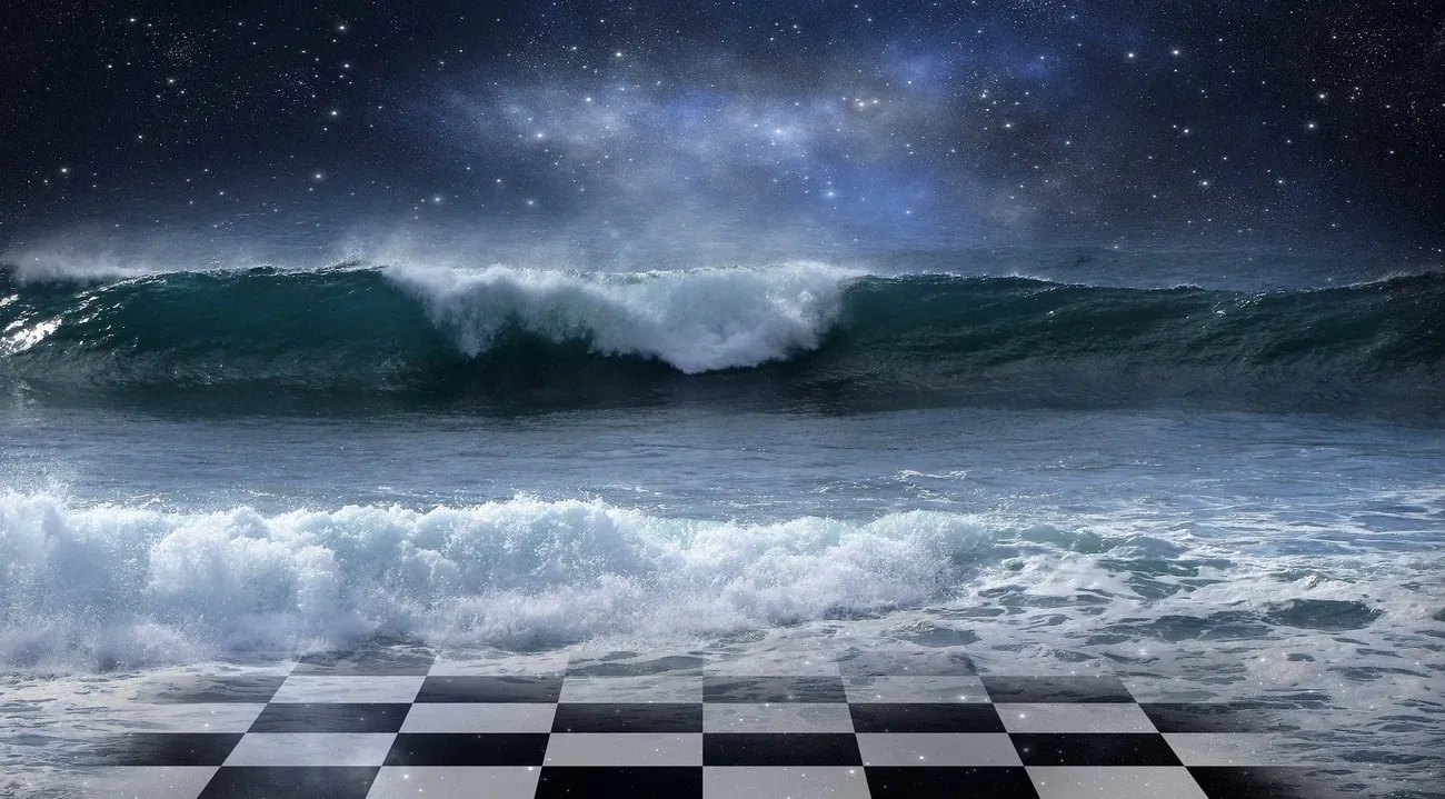 Ocean waves crashing under a starry night sky with a transparent checkerboard pattern overlay at the bottom.