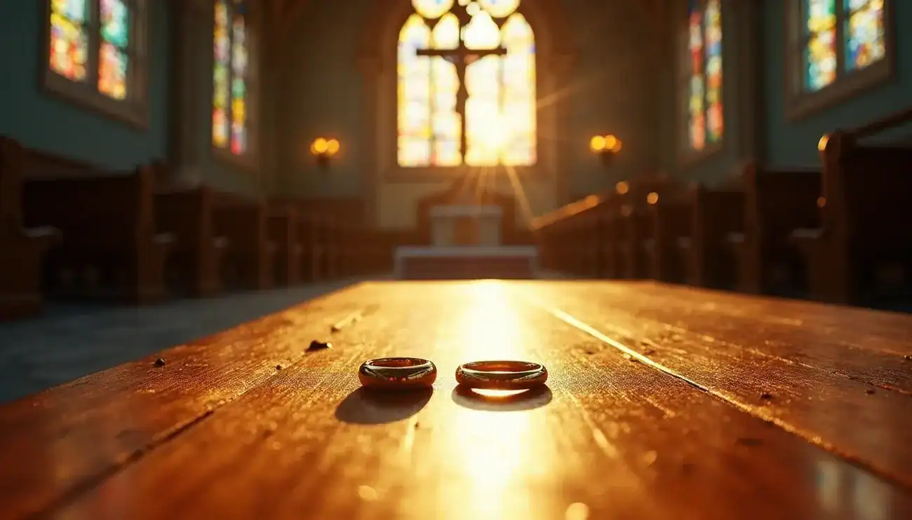 Two wedding rings on a wooden church pew with sunlight streaming through stained glass windows and a cross in the background.