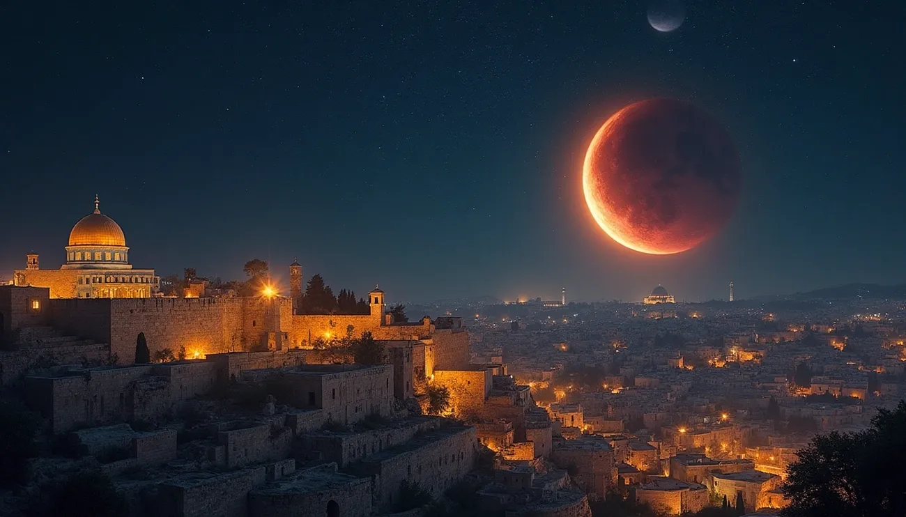Night view of ancient Jerusalem with glowing Dome of the Rock and a large reddish moon in the starry sky.