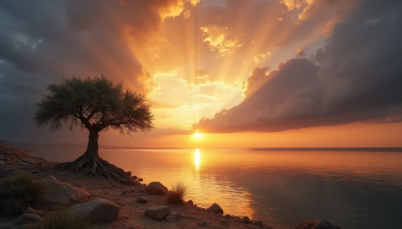 Sunset over a calm lake with a lone tree and dramatic clouds illuminated by golden rays of light.