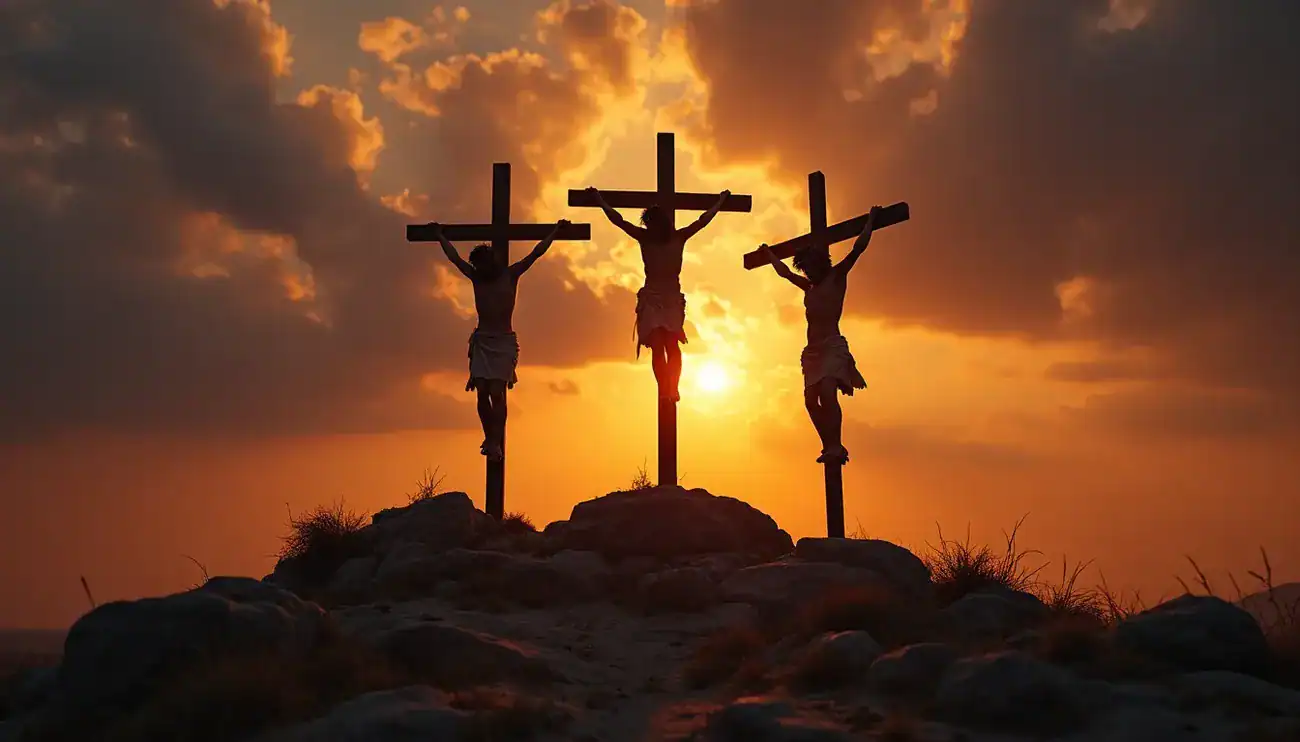 Three individuals crucified on crosses at sunset, representing Jesus and the two thieves on Golgotha hill.