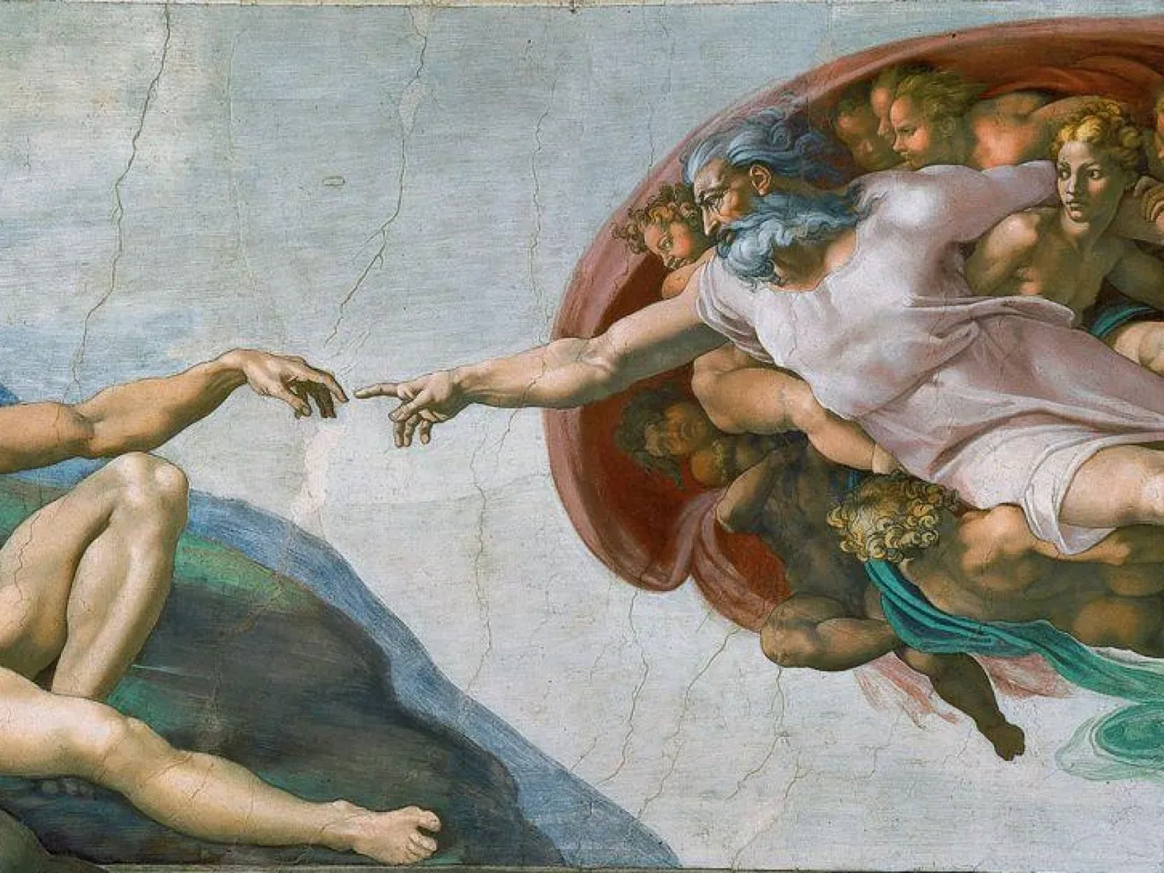 Michelangelo's 'The Creation of Adam' depicting God reaching out to touch Adam's hand, symbolizing the biblical creation story.