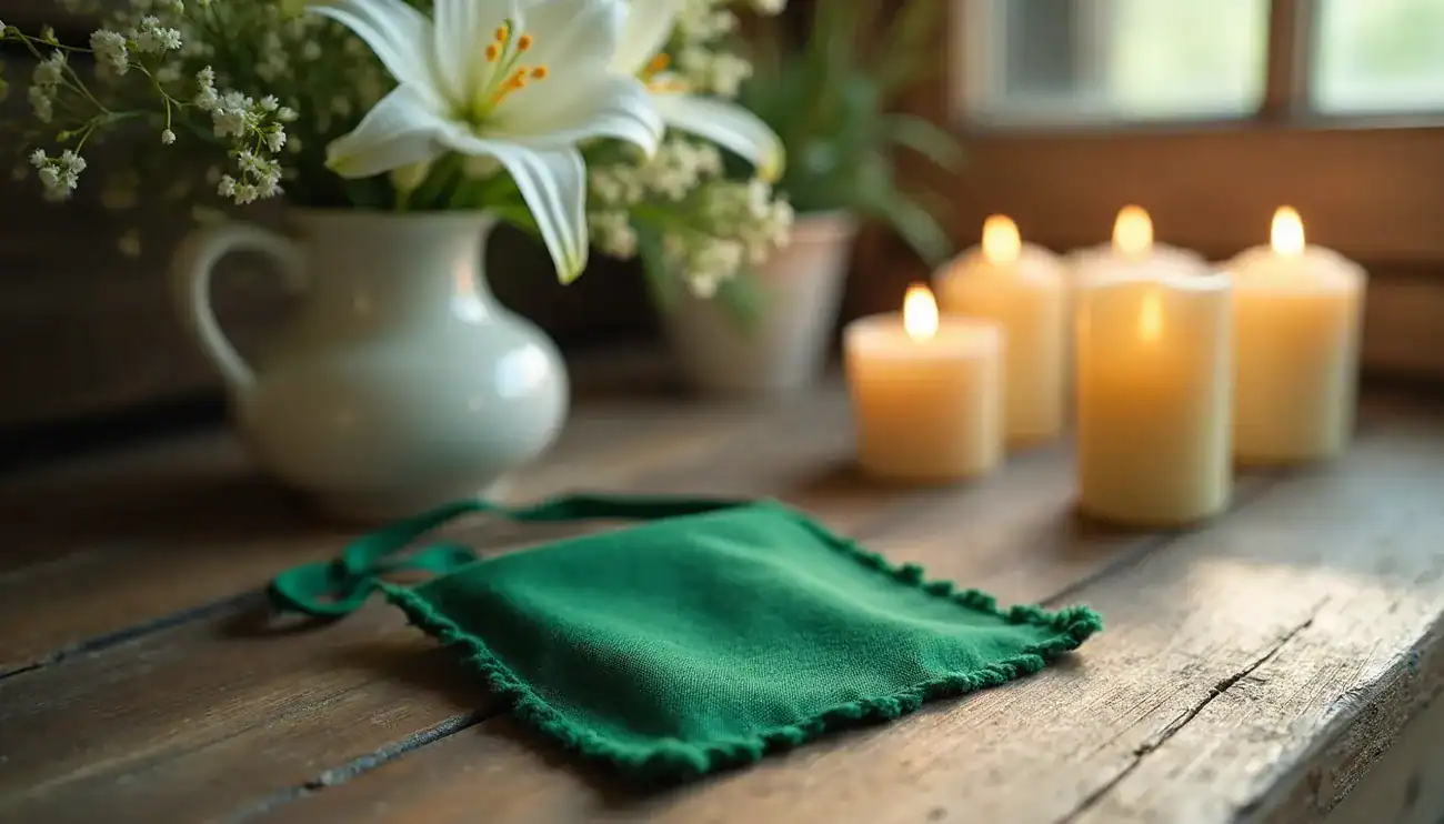 Green scapular cloth on a wooden table with lit candles and a white lily in a vase in the background.