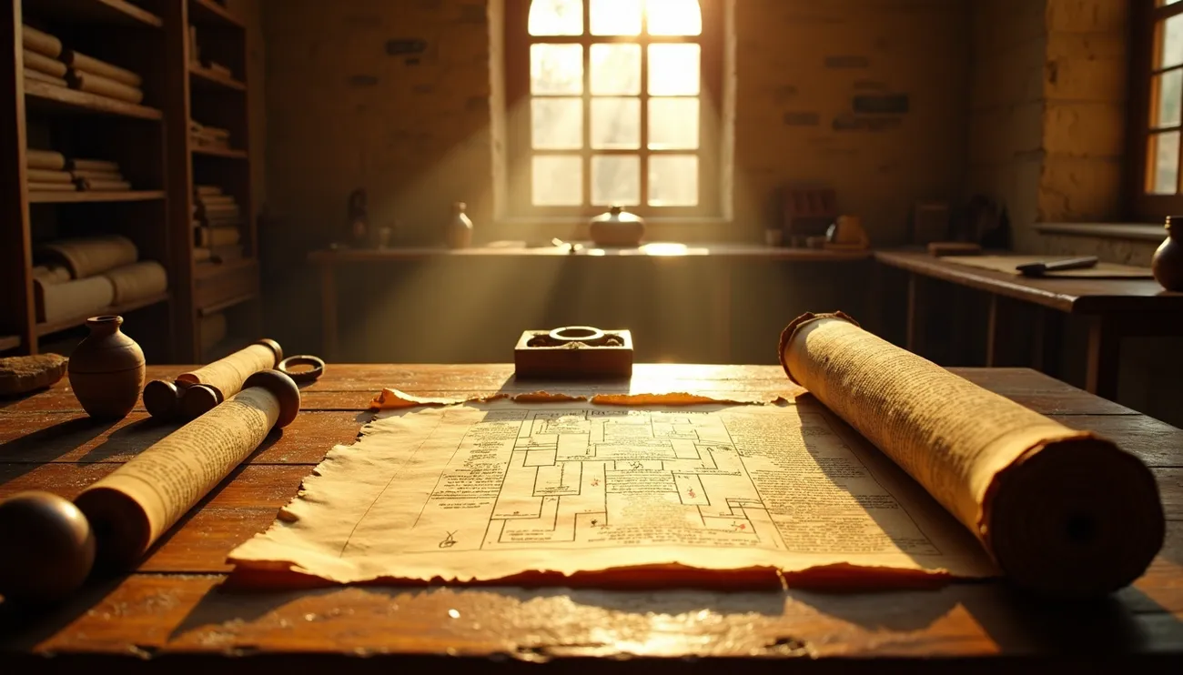 Ancient Hebrew scrolls and a detailed manuscript spread on a wooden table in a sunlit study room.