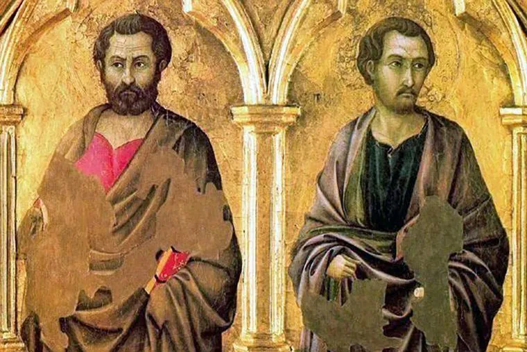 Medieval painting of Sts. Simon and Jude seated under arches, wearing traditional robes and holding objects.