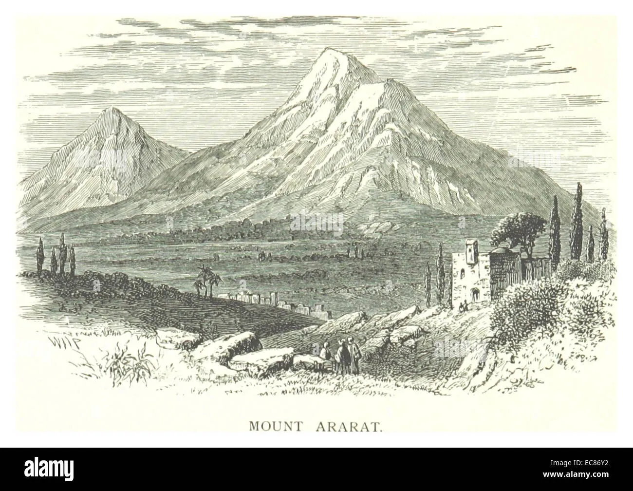 Black and white sketch of Mount Ararat with surrounding landscape and small figures in the foreground.