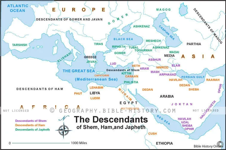 Map illustrating the descendants of Shem, Ham, and Japheth across Europe, Asia, and Africa from Genesis 10.