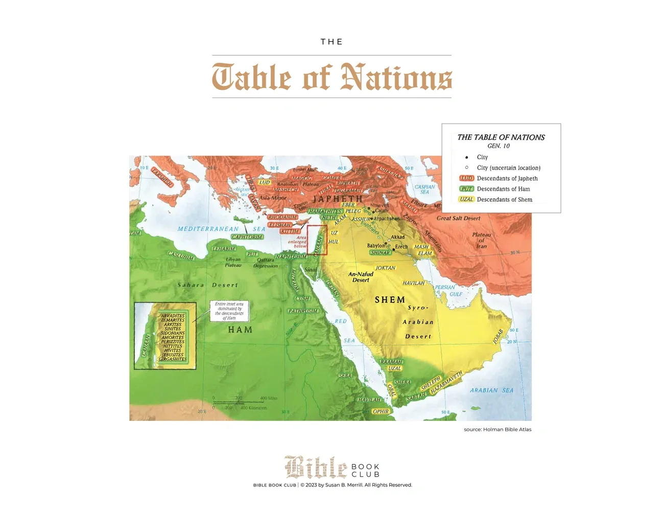 Map of the Table of Nations showing descendants of Japheth, Ham, and Shem with regional color coding and cities.
