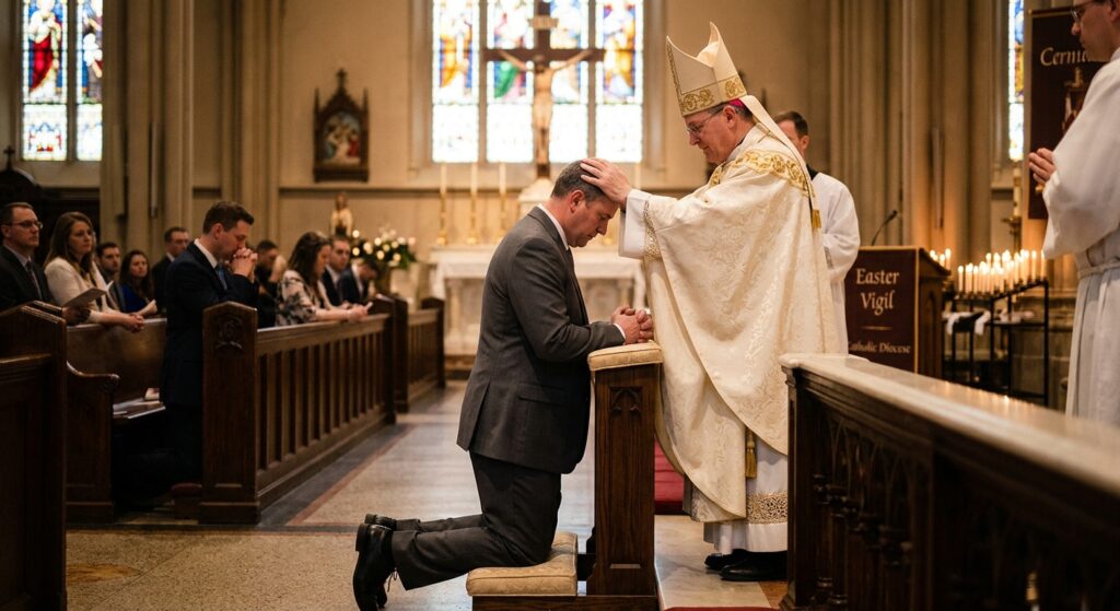 bishop laying hands on a new catholic