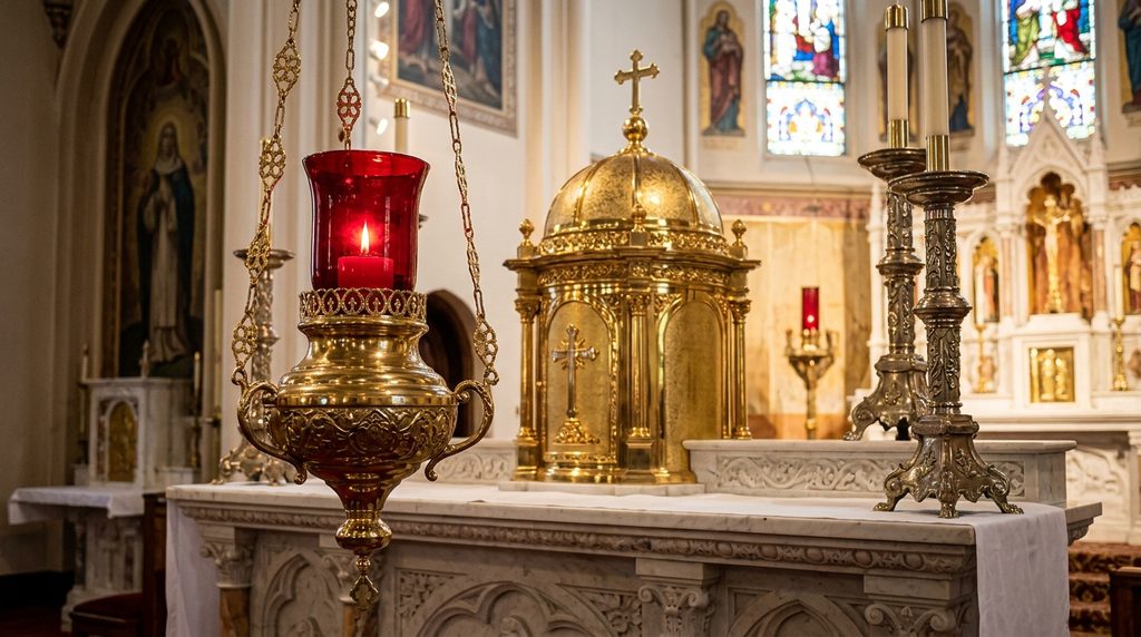 Why Did Christ Promise to Remain "All Days" With a Church of Mortal Men? Red lamp before the tabernacle