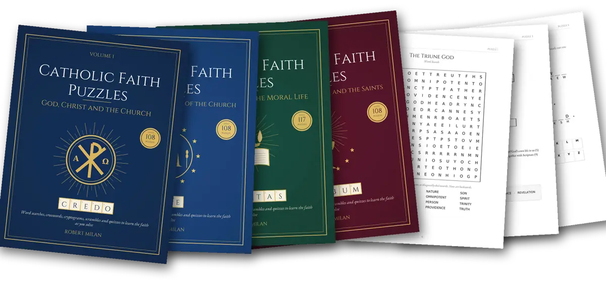 The four Catholic Faith Puzzles covers with sample puzzle pages